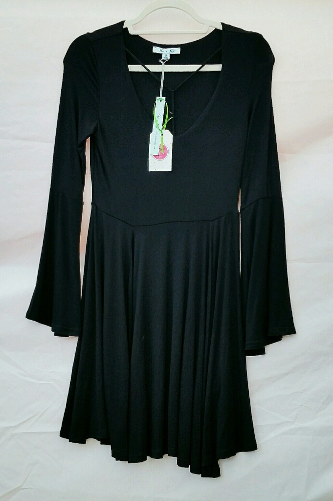 Black Short Dress w/ Bell Sleeves and Y Neckline